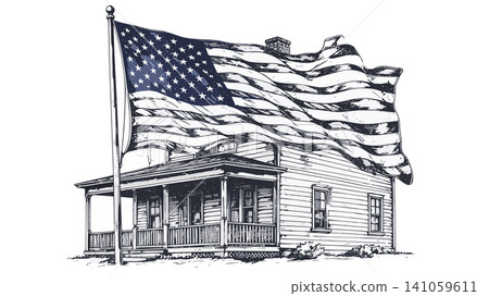 American flag waving over house, symbolizing nation American flag waving over house, symbolizing nation 141059611