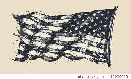 American flag waving vintage ink sketch drawing American flag waving vintage ink sketch drawing 141059613