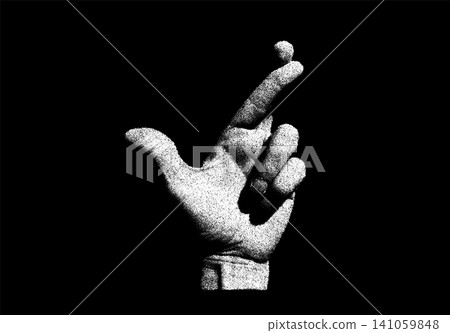 Monochrome hand snapping fingers with raised index and thumb in detailed vintage dotwork stipple vector on dark background 141059848