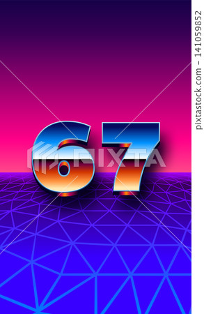 Glowing neon six seven number in synthwave retrowave style with grid and purple blue gradient background as viral kids meme 67 141059852