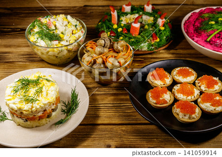 Christmas dinner set of food on a wooden table Christmas dinner set of food on a wooden table 141059914