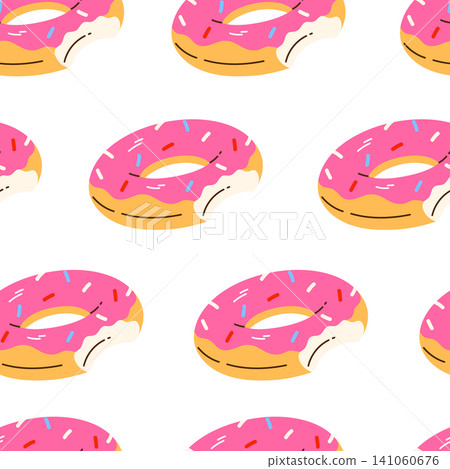 Seamless pattern of donut inflatable pool float. Sweet dessert shaped swimming ring for summer vacation, pool party and beach recreation. Vector illustration in cartoon style Seamless pattern of donut inflatable pool float. Sweet dessert shaped swimming ring for summer vacation, pool party and beach recreation. Vector illustration in cartoon style 141060676