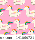 Seamless pattern unicorn inflatable pool float. Fantasy swimming ring for summer vacation, beach holiday, pool party and water fun. Vector illustration in cartoon style. Isolated white background 141060721