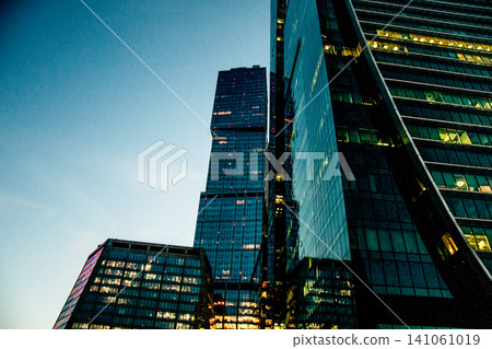 Glass tall multi-storey buildings skyscrapers Moscow City in center downtown Glass tall multi-storey buildings skyscrapers Moscow City in center downtown 141061019