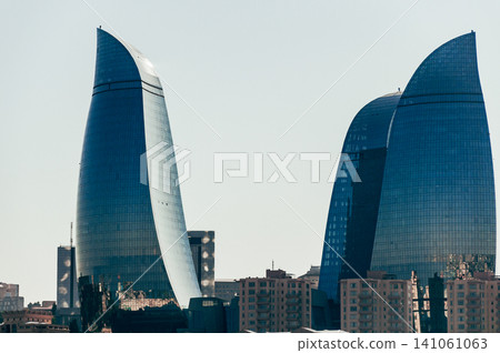 Baku, Azerbaijan, Flame towers glass skyscrapers center big city 141061063