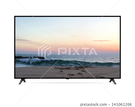 Smart tv with ocean bay beach at sunset on screen 141061206