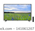 Smart tv with blue cornflowers field on screen and remote control isolated 141061207