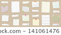 Sticky notes and paper sheets for reminders and notes. Realistic note papers with pin and adhesive tape with different colors. 141061476