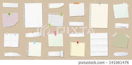 Sticky notes and paper sheets for reminders and notes. Realistic note papers with pin and adhesive tape with different colors. Sticky notes and paper sheets for reminders and notes. Realistic note papers with pin and adhesive tape with different colors. 141061476
