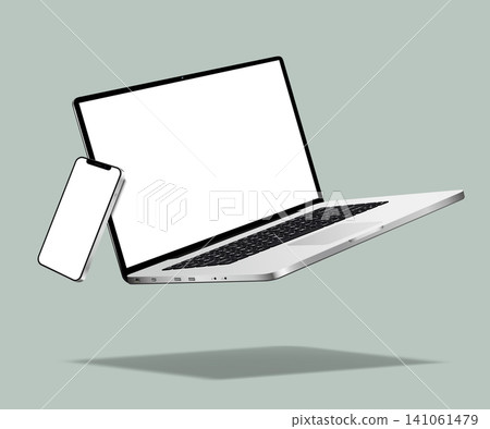 Realistic smartphone mockup with levitation laptop computer Realistic smartphone mockup with levitation laptop computer 141061479