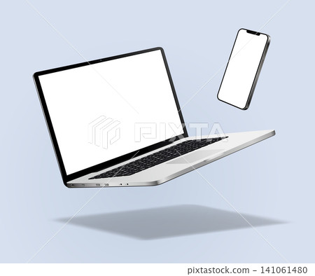Falling laptop computer with modern smartphone mockup Falling laptop computer with modern smartphone mockup 141061480