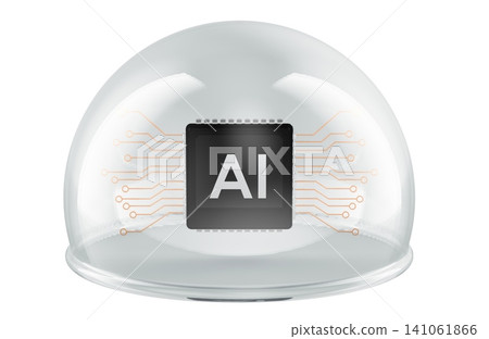 AI chip under protective dome. AI governance and controlled technology limits, concept. 3d rendering AI chip under protective dome. AI governance and controlled technology limits, concept. 3d rendering 141061866