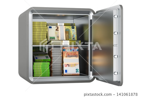 Open safe with euro banknotes and cash bundles. 3D rendering Open safe with euro banknotes and cash bundles. 3D rendering 141061878