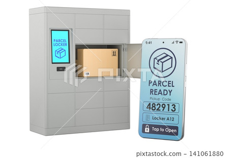 Parcel locker with pickup code smartphone app. 3D rendering Parcel locker with pickup code smartphone app. 3D rendering 141061880