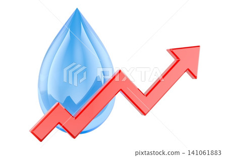Rising water consumption cost with water drop and red arrow. 3D rendering Rising water consumption cost with water drop and red arrow. 3D rendering 141061883