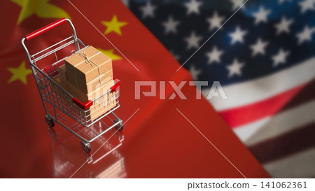 Shopping Cart Parcels Between China And America Trade Flags 3d render. 141062361