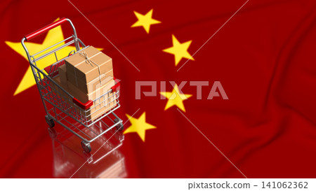 Shopping Cart Packages Over China Flag For Global E commerce 3d render. Shopping Cart Packages Over China Flag For Global E commerce 3d render. 141062362