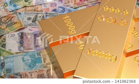 Global Currency And Gold Bullion Investment Wealth Concept 3d render. Global Currency And Gold Bullion Investment Wealth Concept 3d render. 141062368