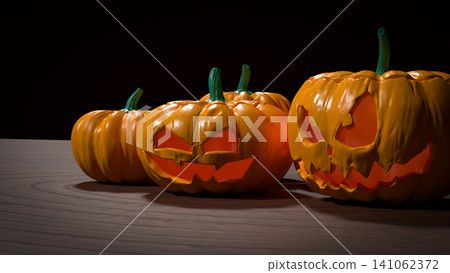Spooky Halloween Jack O Lantern Pumpkins On Dark Table 3d render. Spooky Halloween Jack O Lantern Pumpkins On Dark Table 3d render. 141062372