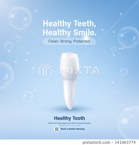 Healthy Teeth Poster. Vector 3d Tooth Dental Care Banner with Blue Bubbles for Oral Hygiene, Dentist Clinic Promotion, Healthy Smile Ad, Checkup Reminder, Medical Awareness Design Healthy Teeth Poster. Vector 3d Tooth Dental Care Banner with Blue Bubbles for Oral Hygiene, Dentist Clinic Promotion, Healthy Smile Ad, Checkup Reminder, Medical Awareness Design 141063774