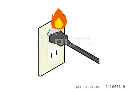 Isometric illustration (with outlines) showing a fire caused by dust accumulated in a power plug. 141063849