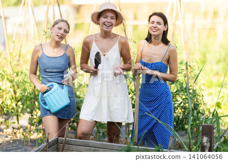 Three women in garden in country house Three women in garden in country house 141064056