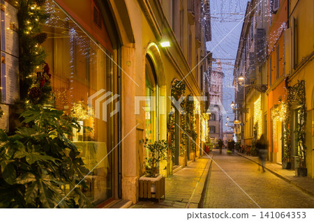 New Year's illumination streets of Parma city at dusk New Year's illumination streets of Parma city at dusk 141064353