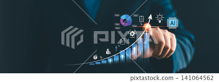Businessman pointing at virtual financial graph with growing arrow, AI icon, and dashboard. Concept of business success, technology innovation, economic investment, and copy space banner Businessman pointing at virtual financial graph with growing arrow, AI icon, and dashboard. Concept of business success, technology innovation, economic investment, and copy space banner 141064562
