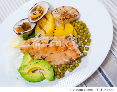 Fillets of trout with vegetables and dog cockles Fillets of trout with vegetables and dog cockles 141064788