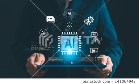 Businessman holding tablet with AI command prompt interface. Software developer using artificial intelligence system for programming, chatbot assistance, cybersecurity and digital content creation Businessman holding tablet with AI command prompt interface. Software developer using artificial intelligence system for programming, chatbot assistance, cybersecurity and digital content creation 141064942