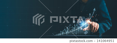 Business person pointing at glowing AI chip and rising financial growth arrow with icons. Concept of artificial intelligence boosting stock market, digital investment, and corporate data analytics Business person pointing at glowing AI chip and rising financial growth arrow with icons. Concept of artificial intelligence boosting stock market, digital investment, and corporate data analytics 141064951