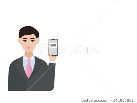 向量圖,描繪了一名男子使用智慧型手機進行條碼支付的過程。 向量圖,描繪了一名男子使用智慧型手機進行條碼支付的過程。 141065891
