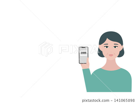 一位中年婦女使用智慧型手機進行條碼支付的向量插圖。 一位中年婦女使用智慧型手機進行條碼支付的向量插圖。 141065898