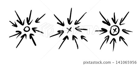 Hand drawn arrows aiming to center. Doodled arrow sketches with direction to target. Concept visual for goal strategy, tactics, scheme, plan, diagram. Scribbled blueprint defense. Vector illustration Hand drawn arrows aiming to center. Doodled arrow sketches with direction to target. Concept visual for goal strategy, tactics, scheme, plan, diagram. Scribbled blueprint defense. Vector illustration 141065956