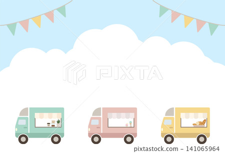 Summer event frame material featuring food trucks, cumulonimbus clouds, flags, and a background illustration with copy space. 141065964