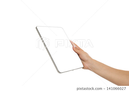 Hand with a sleek blank tablet for design, isolated, PNG Hand with a sleek blank tablet for design, isolated, PNG 141066027