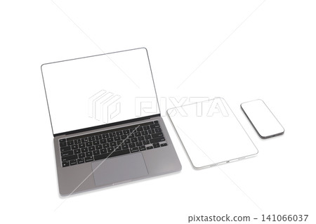 Three devices on a white background, blank screens, isolated, PNG Three devices on a white background, blank screens, isolated, PNG 141066037