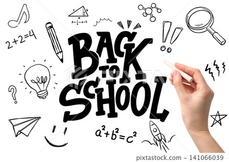 Back to school text, hand with chalk and different drawings, PNG Back to school text, hand with chalk and different drawings, PNG 141066039