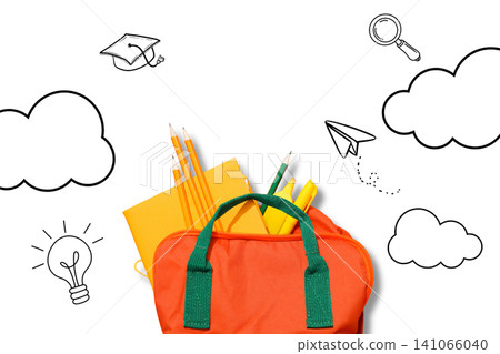 Colorful school bag filled with stationery items ready for back to school season, PNG Colorful school bag filled with stationery items ready for back to school season, PNG 141066040
