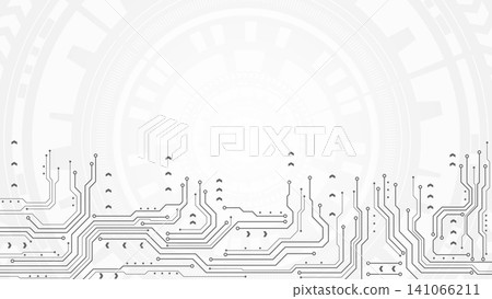 Abstract monochrome gray vector circuit board traces on bottom with faint white geometric concentric rings Abstract monochrome gray vector circuit board traces on bottom with faint white geometric concentric rings 141066211