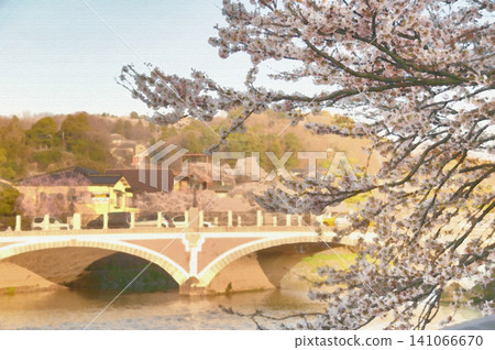 The charming arched Asanogawa Bridge, viewed through the branches of beautiful cherry blossoms in full bloom. The charming arched Asanogawa Bridge, viewed through the branches of beautiful cherry blossoms in full bloom. 141066670