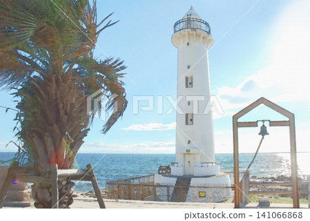 Surrounded by tropical trees and the blue sea, the pure white Nomasaki Lighthouse and the Bell of Love stand majestically. 141066868