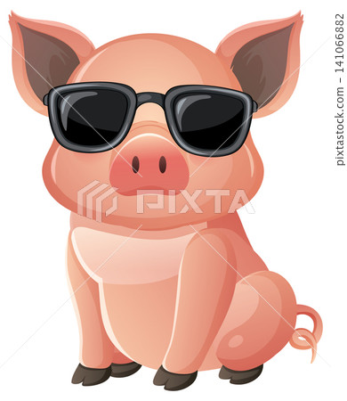 Cute Pink Piglet Wearing Black Sunglasses Vector Illustration 141066882