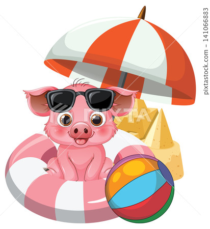 Pink Piglet in Lifebuoy with Beach Ball and Umbrella Illustration 141066883