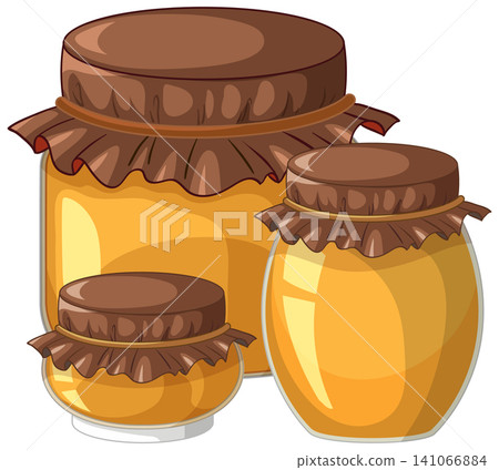 Three Glass Jars of Golden Honey with Brown Fabric Lids Three Glass Jars of Golden Honey with Brown Fabric Lids 141066884