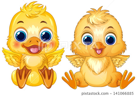 Two Cute Cartoon Yellow Duckling and Chick Characters on White Background Two Cute Cartoon Yellow Duckling and Chick Characters on White Background 141066885