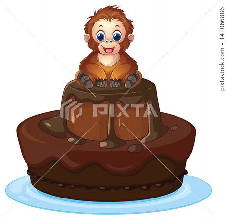 Cute Cartoon Orangutan Sitting on a Two Tier Chocolate Cake Cute Cartoon Orangutan Sitting on a Two Tier Chocolate Cake 141066886