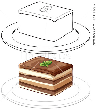 Layered Chocolate Cake Slice with Mint Leaf on a Plate Layered Chocolate Cake Slice with Mint Leaf on a Plate 141066887