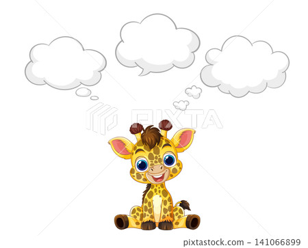 Cute Cartoon Giraffe Sitting with Blank Thought Bubbles Vector Illustration Cute Cartoon Giraffe Sitting with Blank Thought Bubbles Vector Illustration 141066899