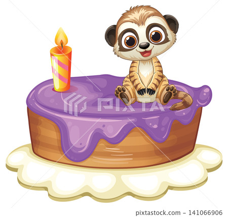 Cartoon Meerkat Character Sitting on a Purple Glazed Birthday Cake Cartoon Meerkat Character Sitting on a Purple Glazed Birthday Cake 141066906